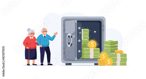Elderly couple securely storing their accumulated wealth and savings in a large safe deposit box full of cash and coins