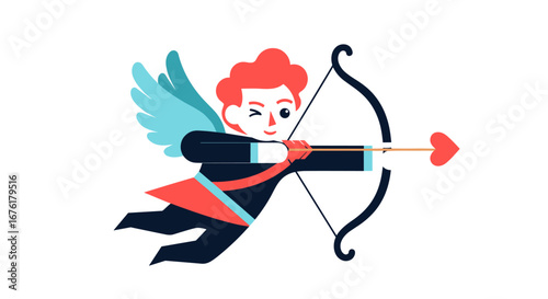 Charming illustration of cupid character aiming with bow and arrow symbol of love and romance
