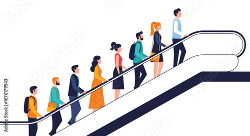 Diverse group of people walking up an escalator in a modern shopping center or airport terminal symbolizing progress and upward mobility
