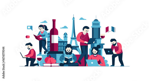 Diverse group of people enjoying learning and culture in front of famous landmarks and iconic symbols