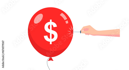 Red balloon with dollar sign being popped by needle illustrating financial crisis