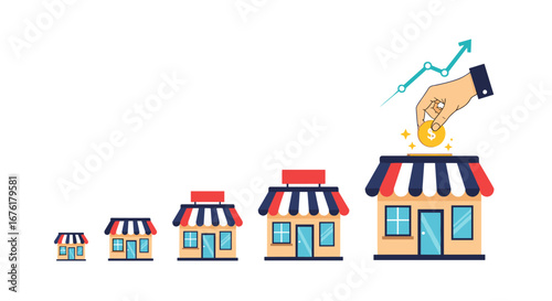 Illustrating the concept of business growth through investment and expansion of retail outlets over time