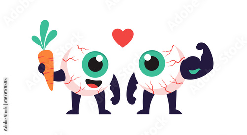 Cute cartoon eyeballs one holding a carrot and the other showing bicep muscles with a heart above symbolizing eye health and nutrition