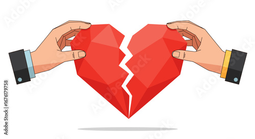 Two hands pull apart a broken red heart symbolizing relationship problems and separation