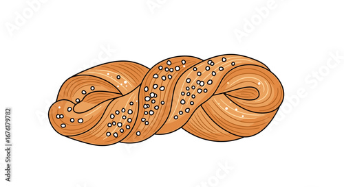 A delicious golden brown baked bread with a twisted shape sprinkled with small crunchy toppings on a white background