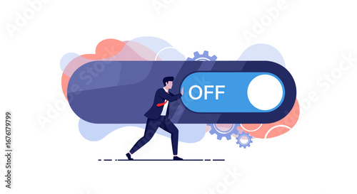 Businessperson pushing a large toggle switch to the off position illustrating control and decision making in business operations