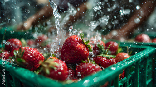 Coffee cherries being washed processed in a green crate. Red Strawberries  de-pulping  cherry orchard washing Red Strawberries  de-pulping  cherry orchard washing 