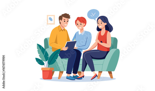 Three people sitting on a couch discussing a tablet computer together