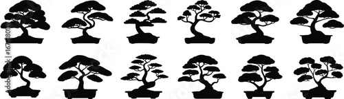 Black bonsai tree silhouette vector set, showcasing diverse pruning styles, pot shapes, artistic forms, traditional Japanese miniature tree aesthetics