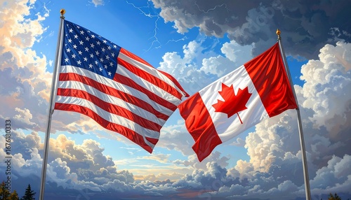 American and Canadian flags waving in the wind