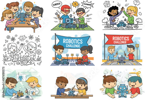 Kids building robots, teamwork in robotics, robotics challenge, children learning STEM, robotic engineering fun, educational robot building, kids programming robots.