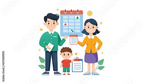 Family planning their schedule with a calendar and checklist