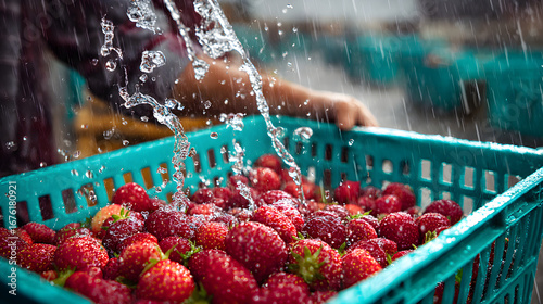 Coffee cherries being washed processed in a green crate. Red Strawberries  de-pulping  cherry orchard washing Red Strawberries  de-pulping  cherry orchard washing 
