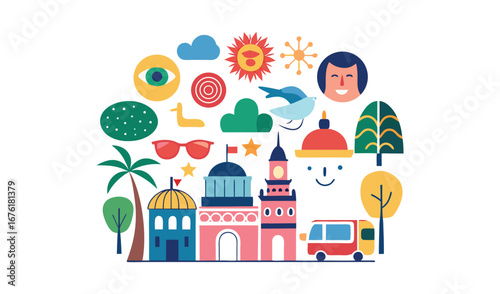 Whimsical collage of travel and city life icons with buildings and people