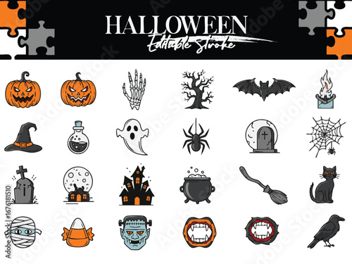 Halloween Icons Set with Pumpkins Ghosts Bats and Spiders Vector Illustration for Creepy Season Celebrations and Spooky Design Elements