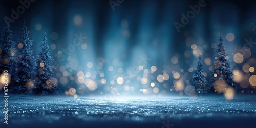 Snowy winter forest at night, bathed in soft, magical light