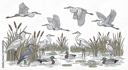 Herons and ducks in wetland illustration with reeds and lilies