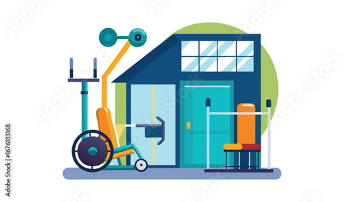 Modern accessible fitness center with exercise equipment and wheelchair