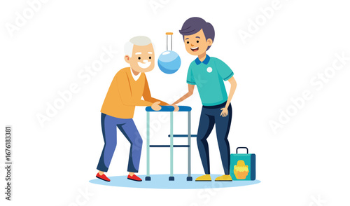 Caring caregiver assisting elderly person with a walker for mobility support