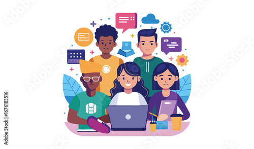 Diverse group of young people collaborating on a project with technology and communication icons