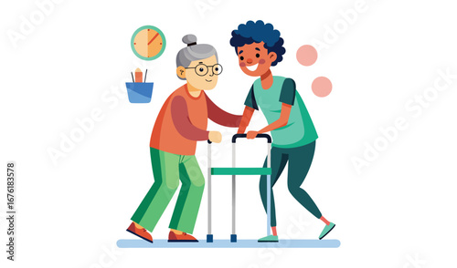 Caring caregiver helps elderly woman with walker in a bright cheerful setting