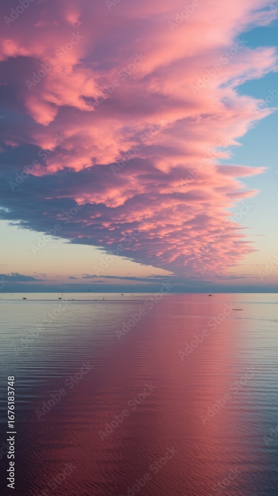 Fototapeta premium Pink cloud over sea at sunset, dramatic sky reflection in calm water, surreal seascape nature background