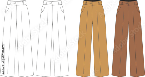 High waist women wide leg pants technical fashion flat, front and back view, CAD drawing, editable vector template illustration