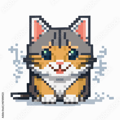 Cute Pixel Art Sitting Cat Icon, Striped Feline Illustration