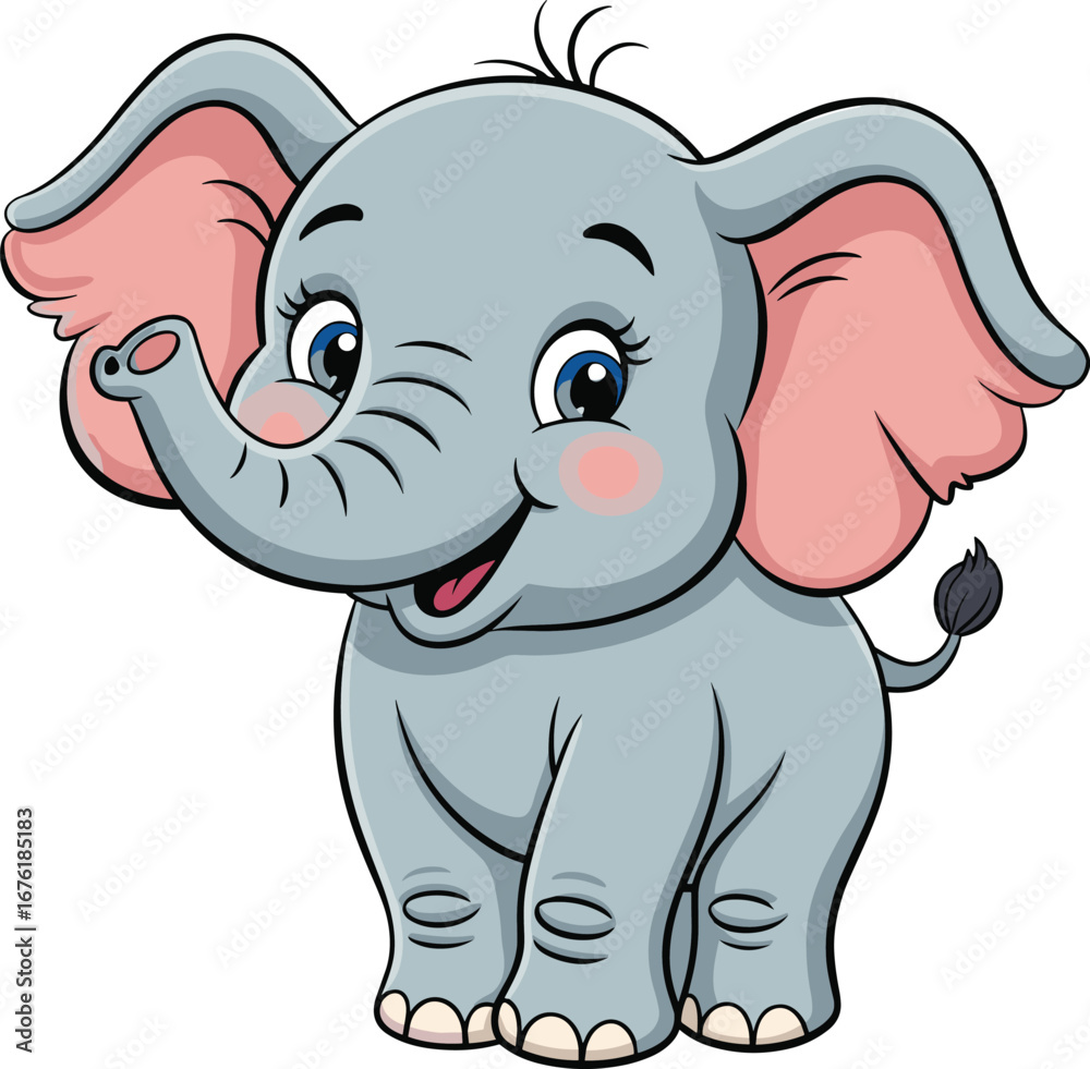 Fototapeta premium Cute baby elephant cartoon illustration, happy smiling animal, adorable wildlife character, children drawing, jungle safari animal art, zoo mascot design