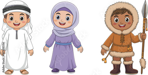 Cartoon children in traditional clothing, Arabian boy, Muslim girl, Eskimo child, cultural diversity, cute kids in ethnic dress illustration