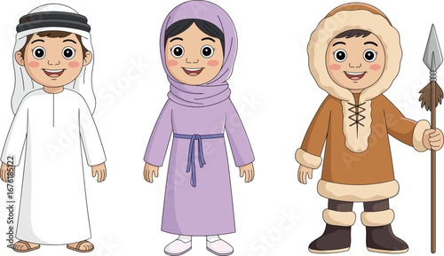 Cartoon children in traditional clothing, smiling boy and girl characters, cultural diversity illustration, cute kids wearing ethnic dress costume