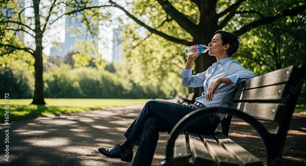 Fototapeta premium Woman drinking water in park