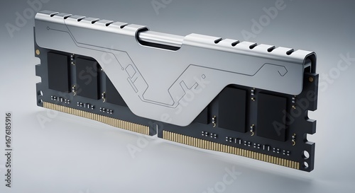 High performance computer ram module with silver heat spreader on gray background
