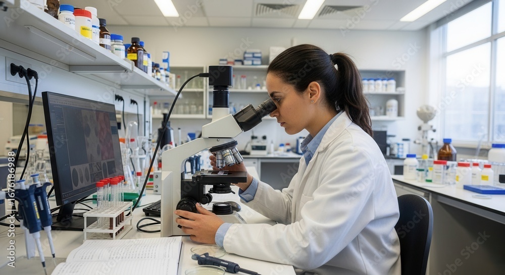 Fototapeta premium Scientist at microscope in lab with vials monitor open book