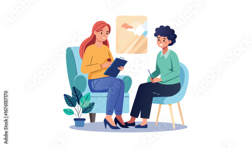 Two people in a therapy session discussing mental health and well being