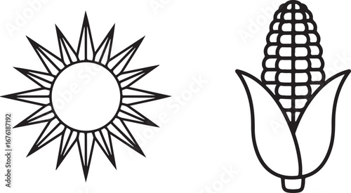 Sun Icon And Corn Cob Line Art maize