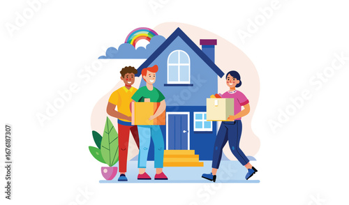Diverse group of people moving into a new home with boxes