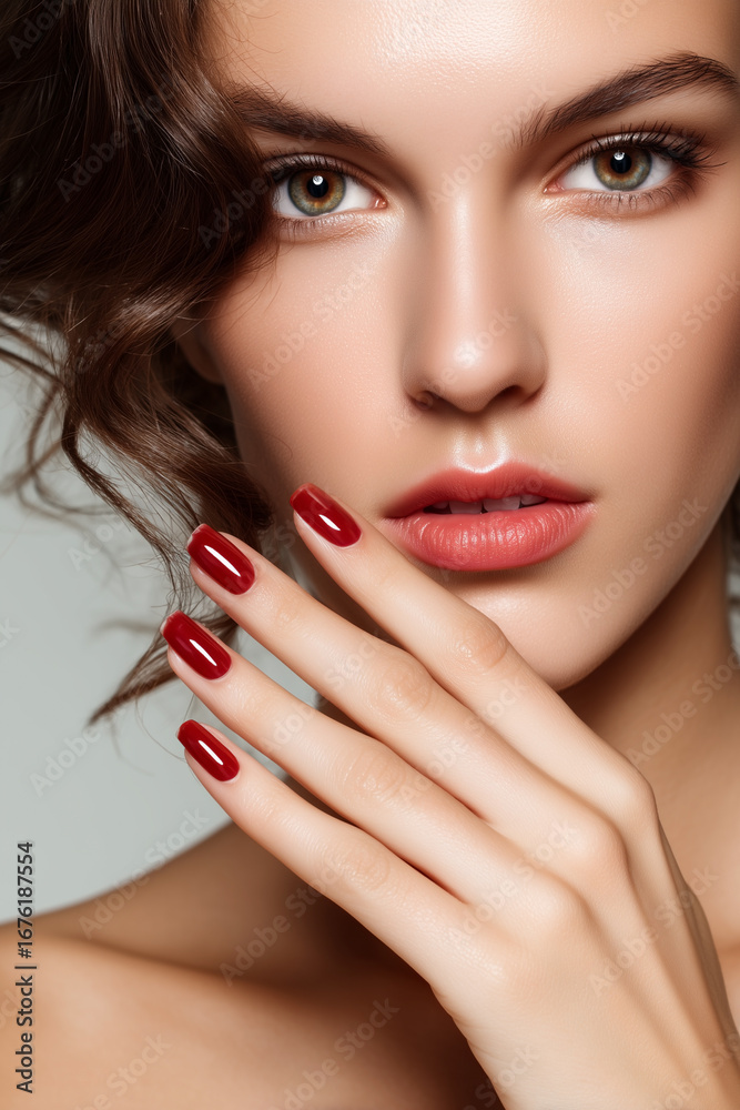 Fototapeta premium Close-up of a captivating woman showcasing her radiant skin, elegant hairstyle, and impeccably manicured nails with a bold, crimson polish.