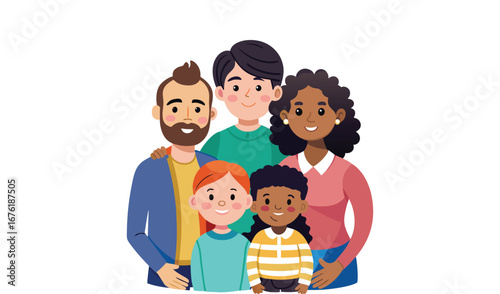 Diverse and happy family posing together in a studio portrait