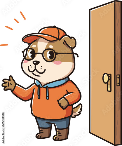 Cartoon dog wearing glasses and cap greeting at the door  