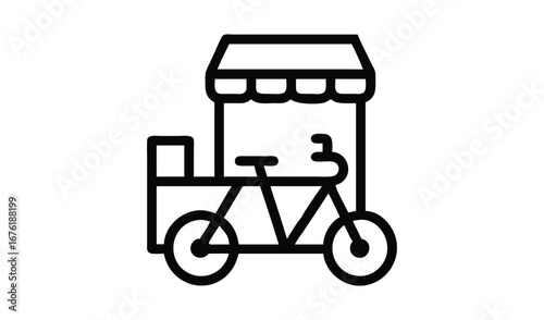 Simple line art icon of a food cart bicycle with awning