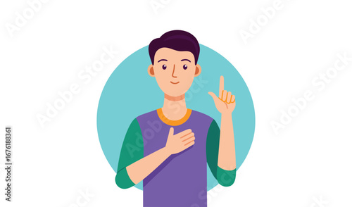Young man pointing upward with a thoughtful expression