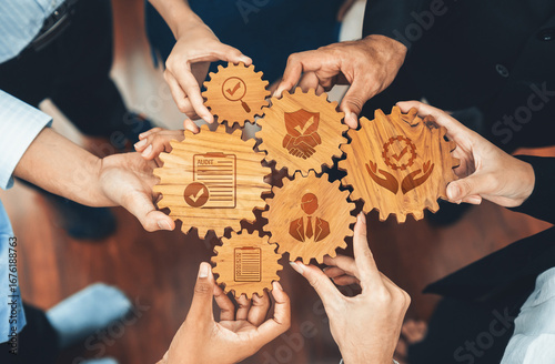 Collaborative Teamwork with Engaged Hands on Wooden Gears Symbolizing Mutual Support, Professional Relationships, and Effective Communication in Business Settings. Amity