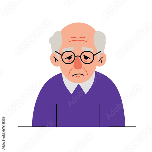 Elderly man looking disappointed and sad in purple sweater  