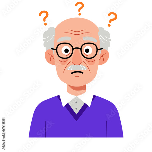 Elderly man looking confused with question marks on white background  