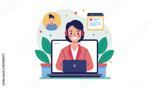 Woman participating in a video conference call on her laptop with colleagues