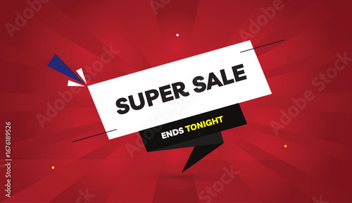 super sale ends tonight editable eps format web banner vector art illustration template design white black gray shapes yellow bold font red gradient abstract illustration sun shine background 4k busin