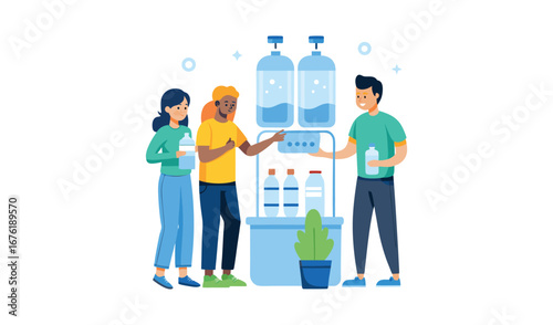 People choosing bottled water from a cooler dispenser at a store
