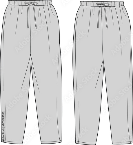 Men’s jogger pants CAD flat sketch with drawstring waist, elastic band, and side pockets, front and back technical illustration