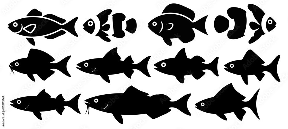 Naklejka premium Fish icons set. Black silhouettes of fish. Vector illustration.